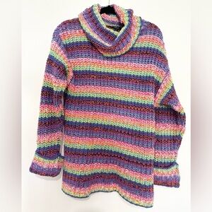Forever 21 women’s sweater size small rainbow knit colorful turtleneck outdoors